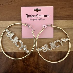 Juicy Couture Gold Tone Logo Hoop Earrings Faux Pearl & Crystal NWT